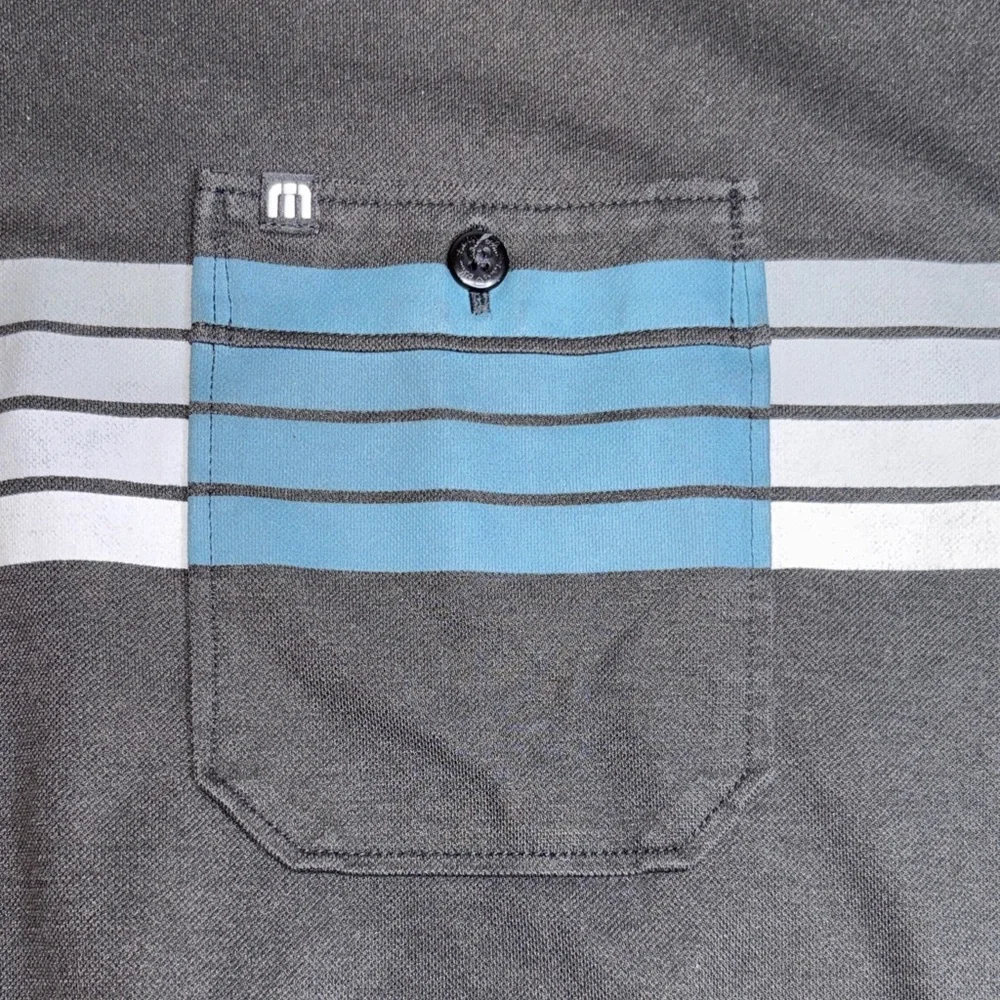 Travis Mathew Black Polo with Blue and Gray Stripes